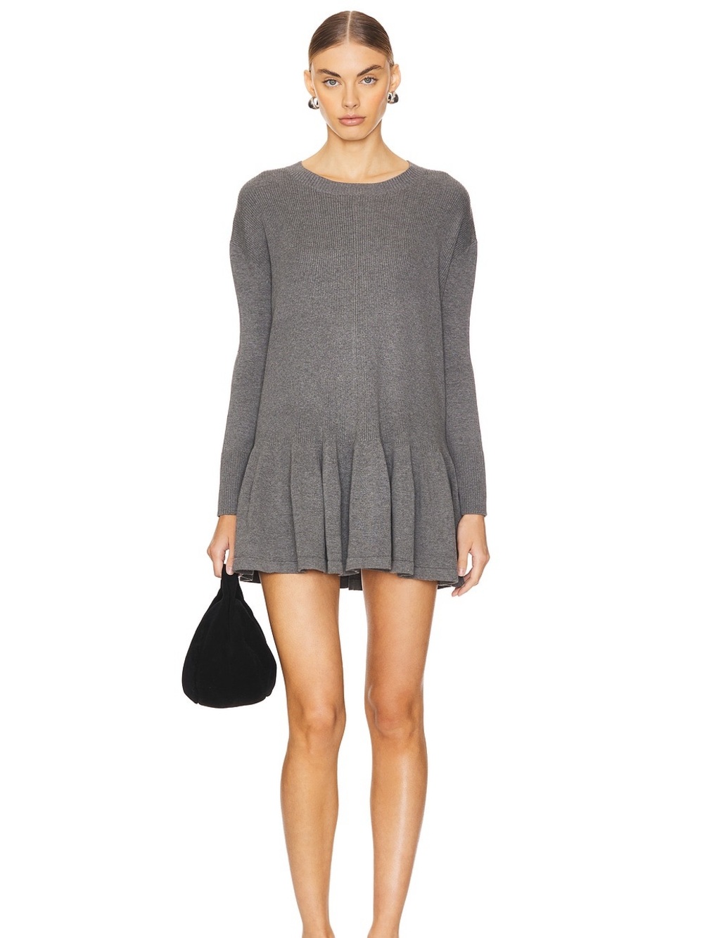NWT Free People Gray Long-Sleeve Pleated Hem Knit Dress Size L